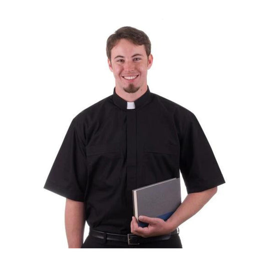 MDS - Black 100% Cotton Rich Short Sleeve Tab Collar Shirt