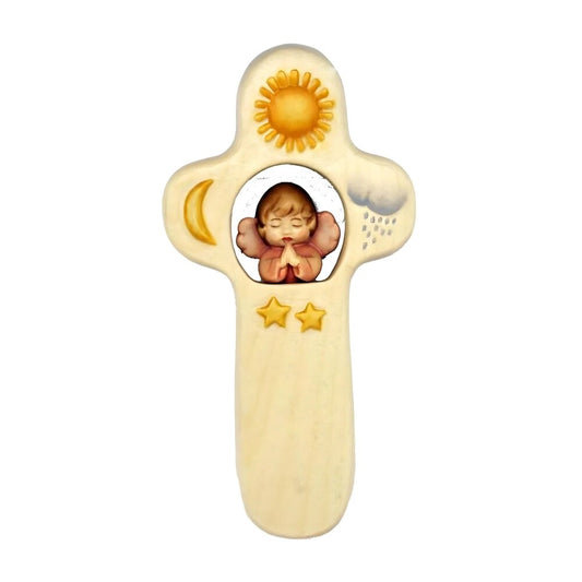 Wooden Val Gardena Cross: Praying Cherub for Children