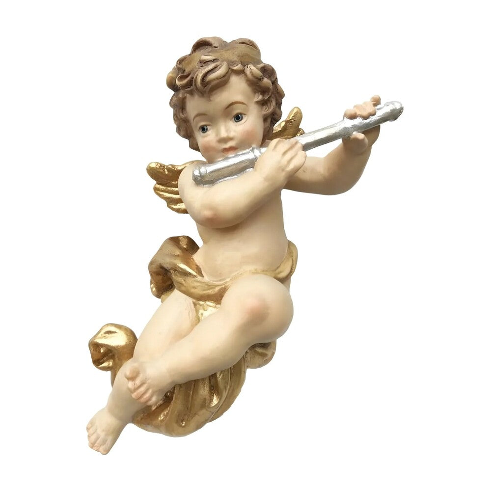 Winged Musician Putto with Flute | Val Gardena Handcrafted Wood Carving