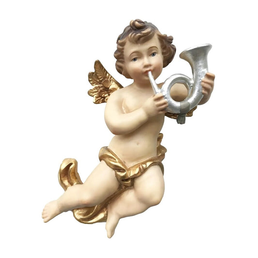 Winged Cherub Musician with Horn | Flying Angel Wooden Sculpture
