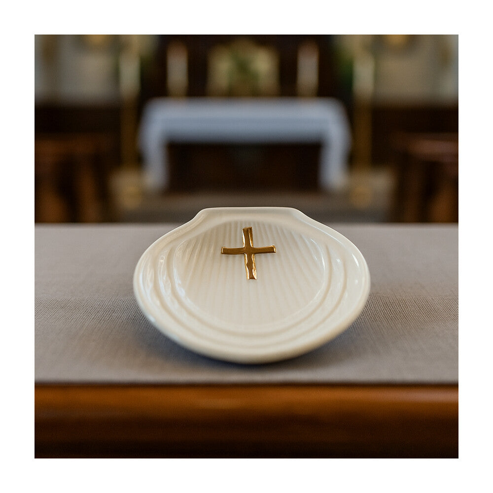 White Porcelain Baptismal Shell with Gold Cross