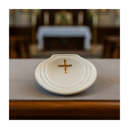 White Porcelain Baptismal Shell with Gold Cross