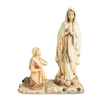 Statue Madonna of Lourdes with Bernadette in Val Gardena Wood