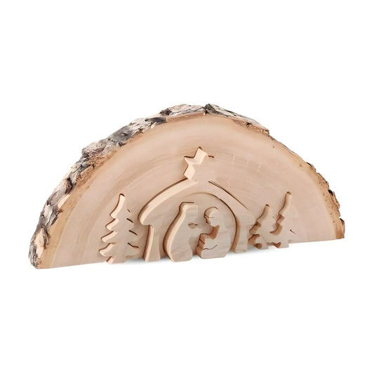 Val Gardena 3D Nativity Scene: Stylized Holy Family with Natural Bark