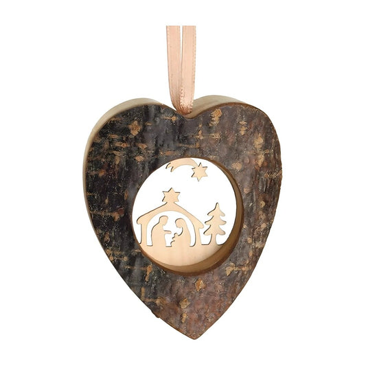 Wooden Nativity Heart with Bark Effect