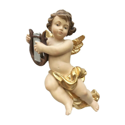 Handmade Wooden Angels: Winged Putto in Flight with Lyre