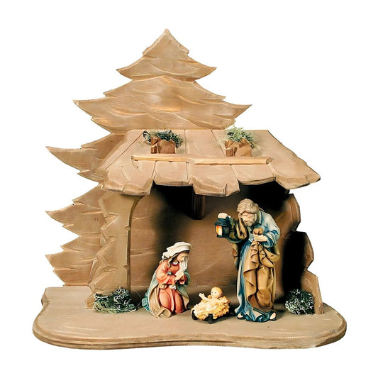 Handmade Hut with Holy Family – Val Gardena Wooden Nativity Scene