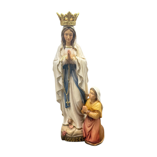 Sculpture Our Lady of Lourdes and Bernadette in Val Gardena Wood