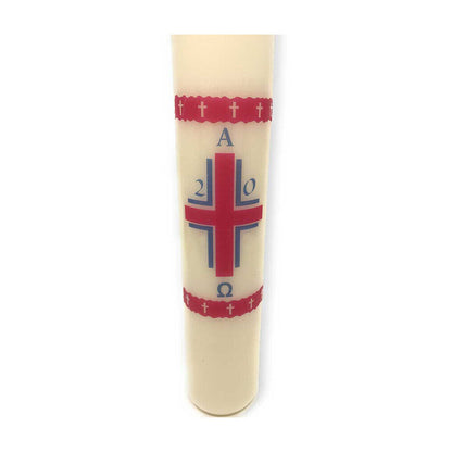Red Cross with Alpha Omega Paschal Candle