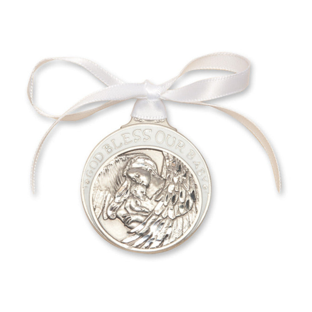 Pewter Baby w/Angel Crib Medal with White Ribbon