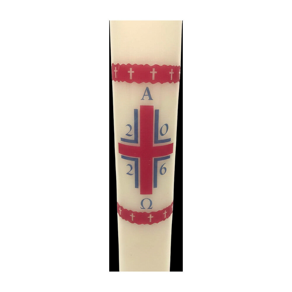 Red Cross with Alpha Omega Paschal Candle
