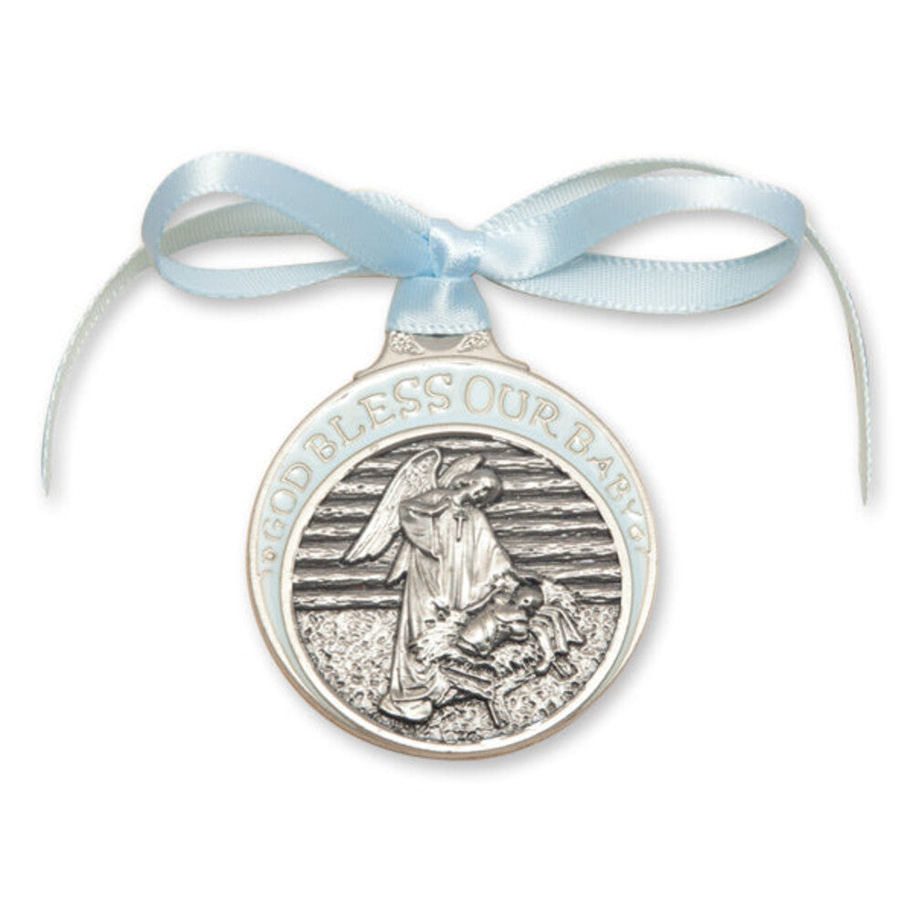 Pewter Baby in Manger Crib Medal with Blue Ribbon