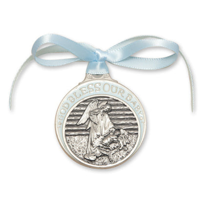 Pewter Baby in Manger Crib Medal with Blue Ribbon