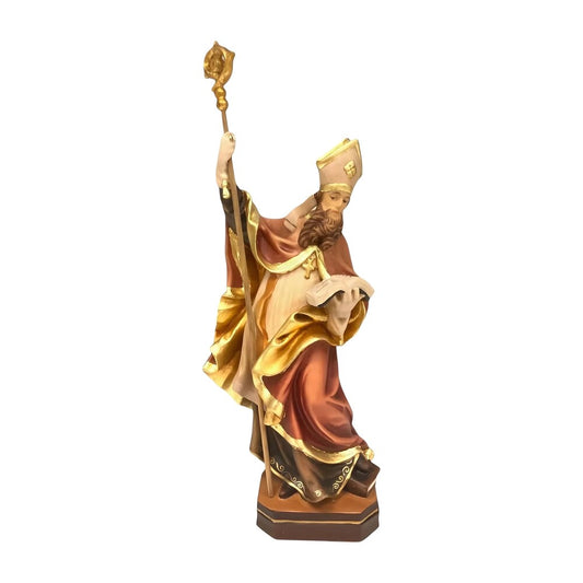 Statue of Saint Heribert Bishop with Crozier and Book, Polychrome Wood Sculpture