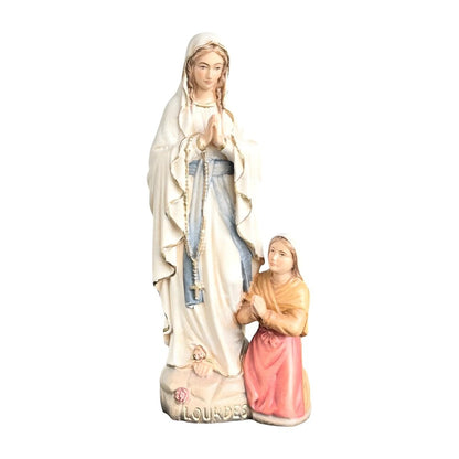 Our Lady of Lourdes with Saint Bernadette Carved in Val Gardena Wood