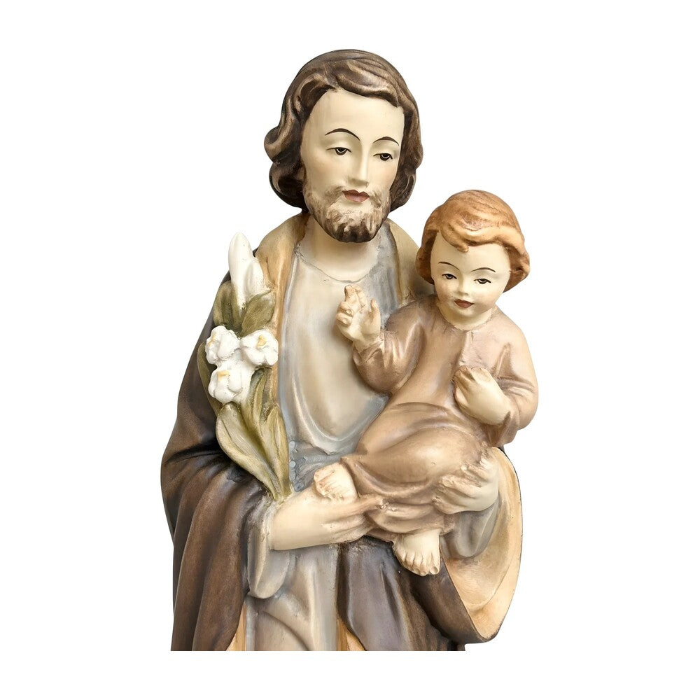 Wooden Statue Saint Joseph with Child Jesus and the Polychrome Lily