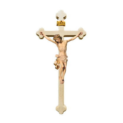 Crucifix with Christ and Baroque Stylized Cross, Carved in Val Gardena Wood