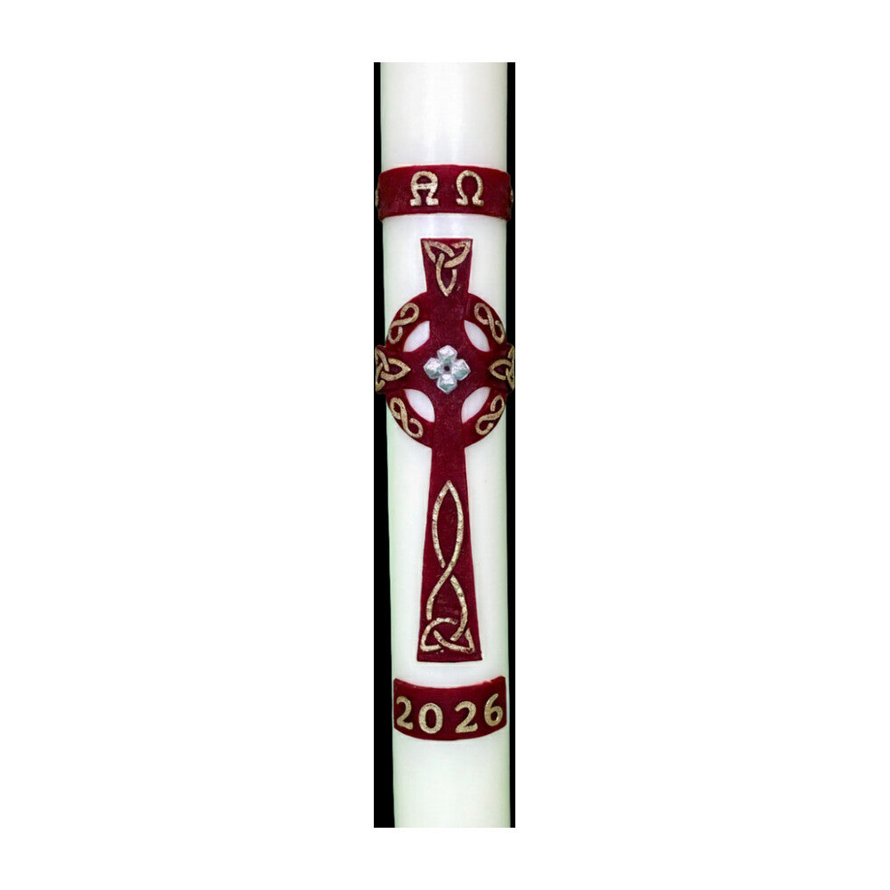 51% Beeswax Red Ornate Celtic Cross Paschal Candle
