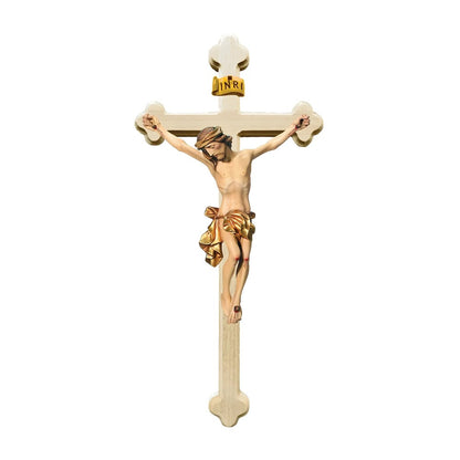 Crucifix with Christ and Baroque Stylized Cross, Carved in Val Gardena Wood