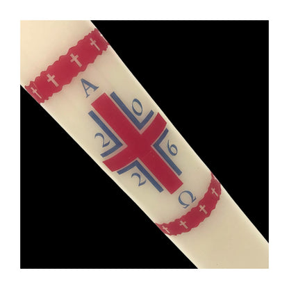 Red Cross with Alpha Omega Paschal Candle