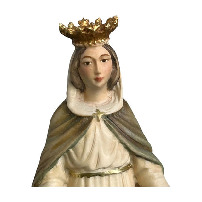 Statue Madonna with Crown and Welcoming Gesture, Val Gardena Wood Sculpture