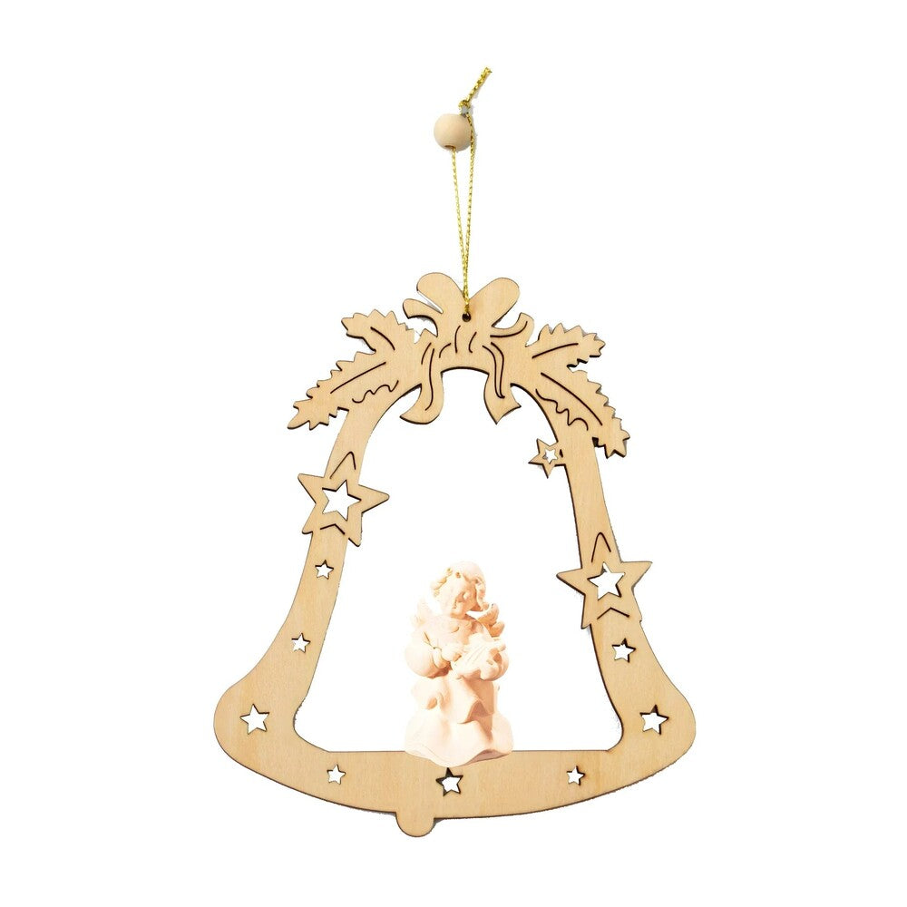 Seraphic Angel with Harp in Maple Wood in a Bell - Gardena Valley Christmas Ornament