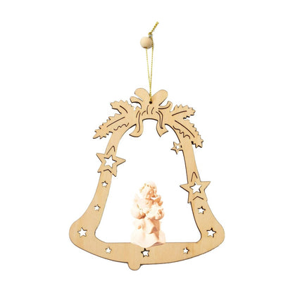 Seraphic Angel with Harp in Maple Wood in a Bell - Gardena Valley Christmas Ornament