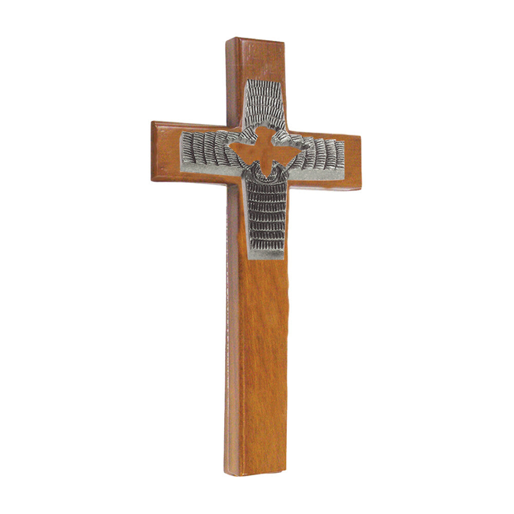 8" Confirmation Holy Spirit Oak Cross with Antique Silver Finish