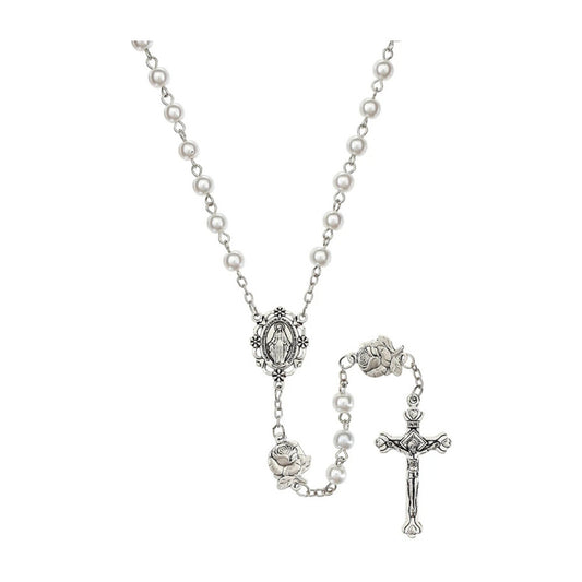 Our Lady of the Miraculous Rose White Pearl Rosary
