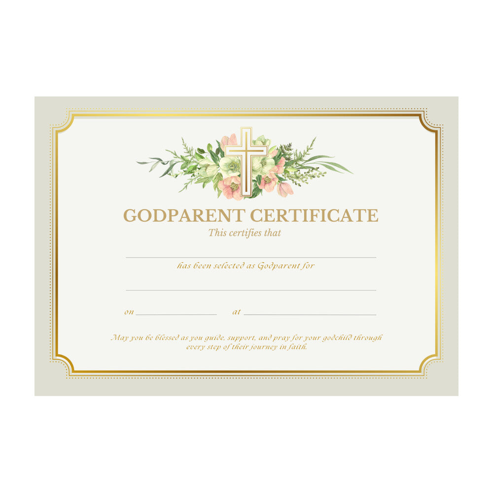 Godparent Certificate with Gold Cross & Flowers Design