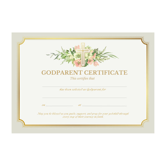 Godparent Certificate with Gold Cross & Flowers Design