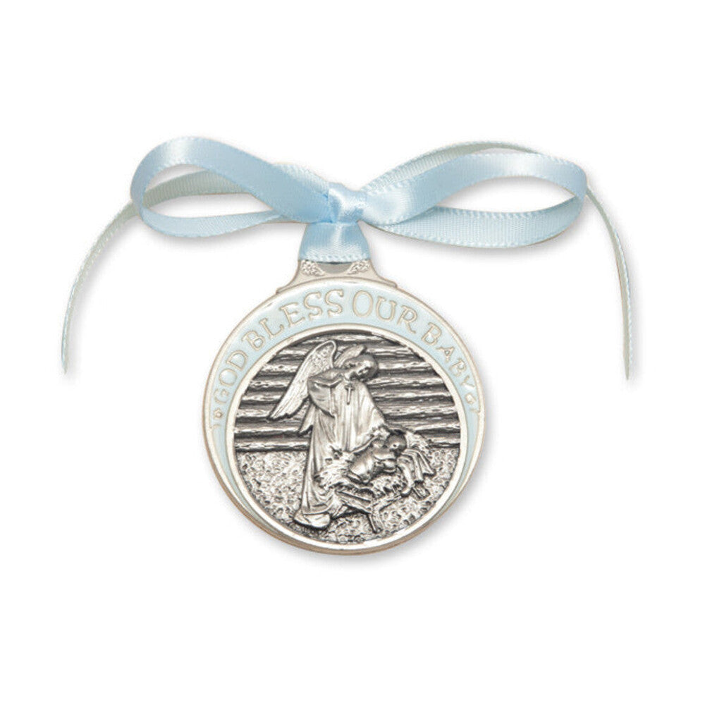 Pewter Baby in Manger Crib Medal with Blue Ribbon