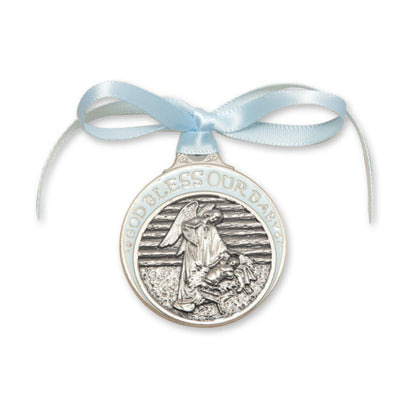 Pewter Baby in Manger Crib Medal with Blue Ribbon