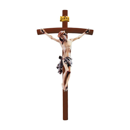 Crucified Christ Sculpture on Curved Cross Made of Val Gardena Wood