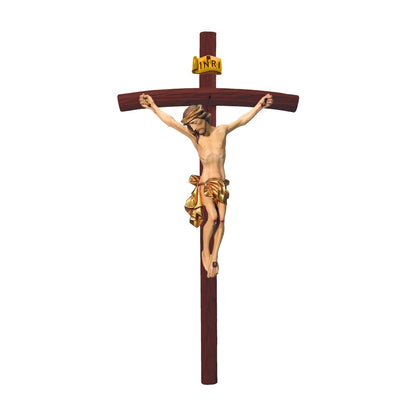 Crucified Christ Sculpture on Curved Cross Made of Val Gardena Wood