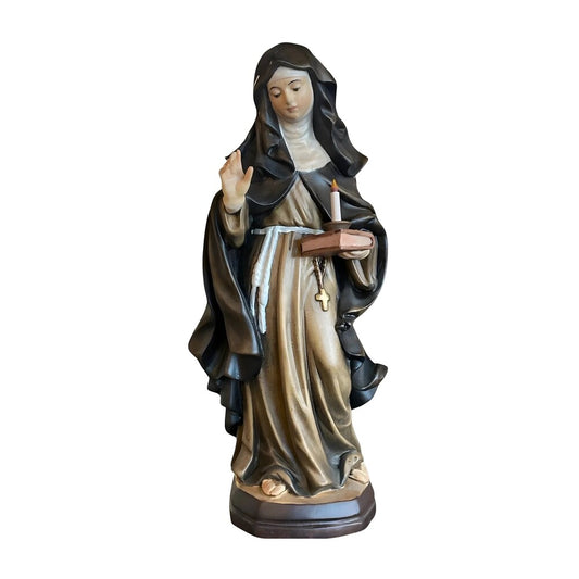 Statue Saint Bridget of Sweden with Candle and Book in Carved Wood Val Gardena