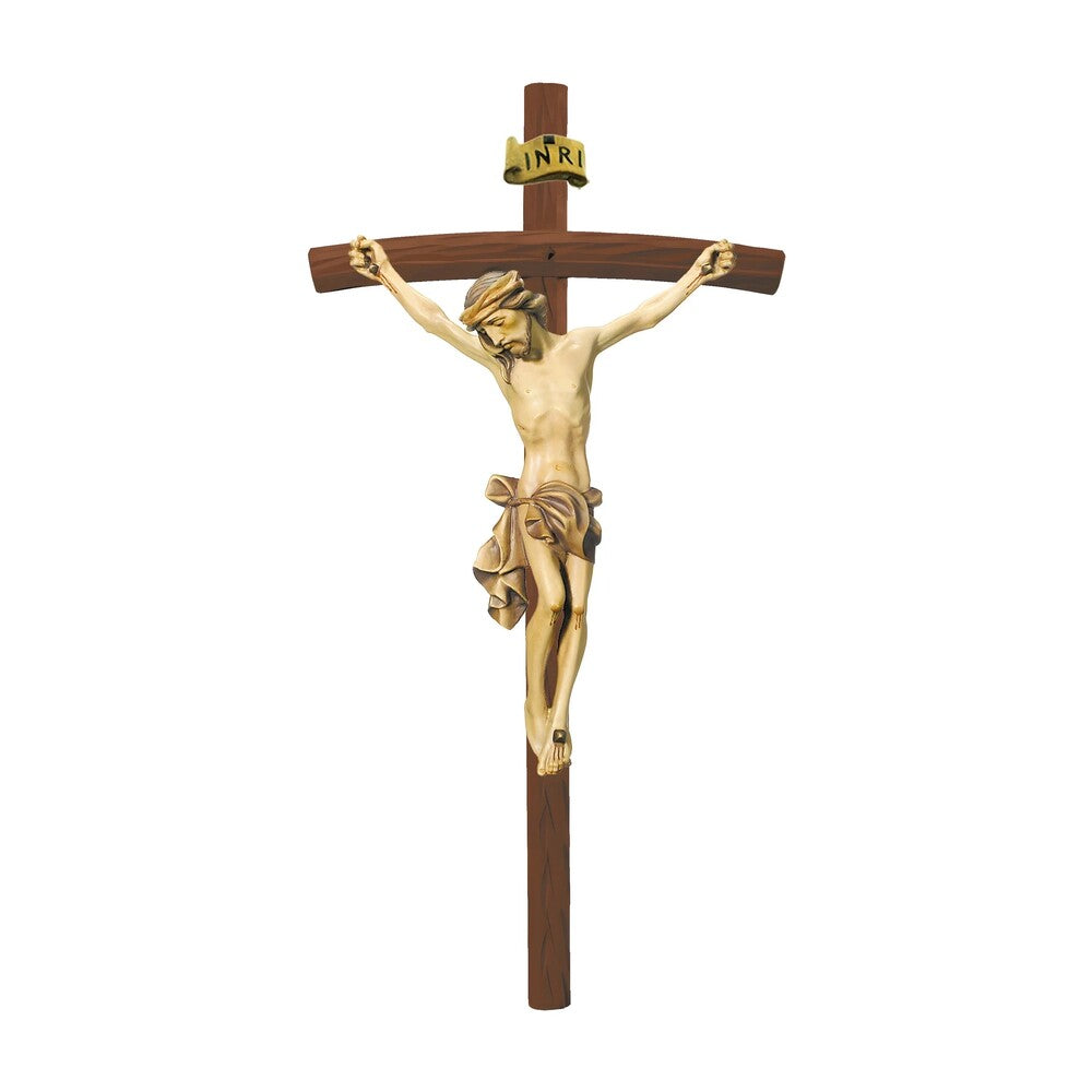 Crucified Christ Sculpture on Curved Cross Made of Val Gardena Wood