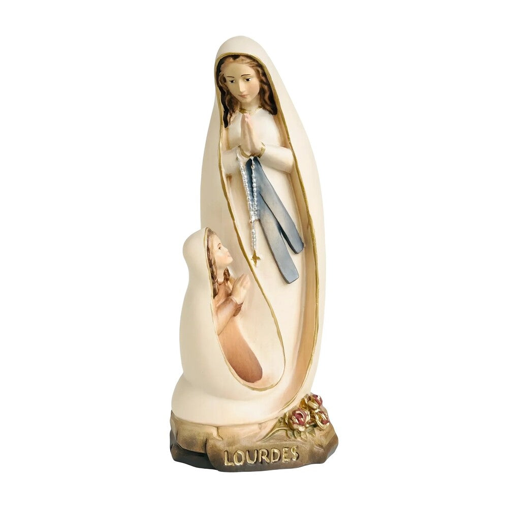 Lourdes Madonna Sculpture with Bernadette in Hand-Carved Val Gardena Wood