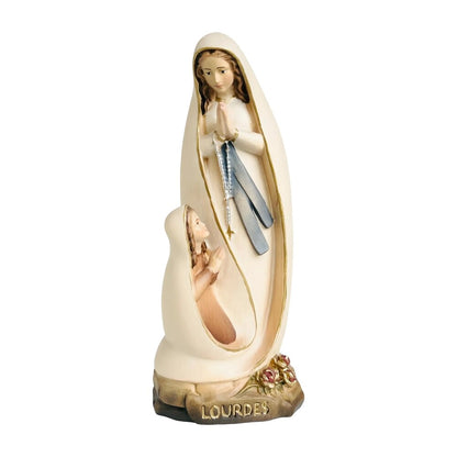 Lourdes Madonna Sculpture with Bernadette in Hand-Carved Val Gardena Wood