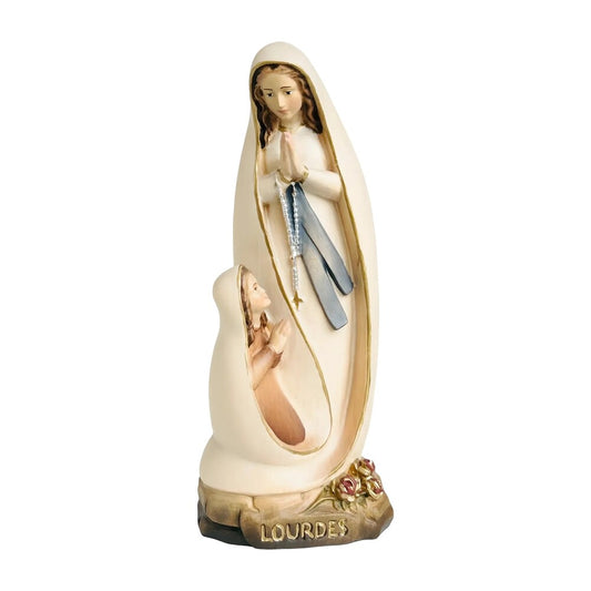 Lourdes Madonna Sculpture with Bernadette in Hand-Carved Val Gardena Wood