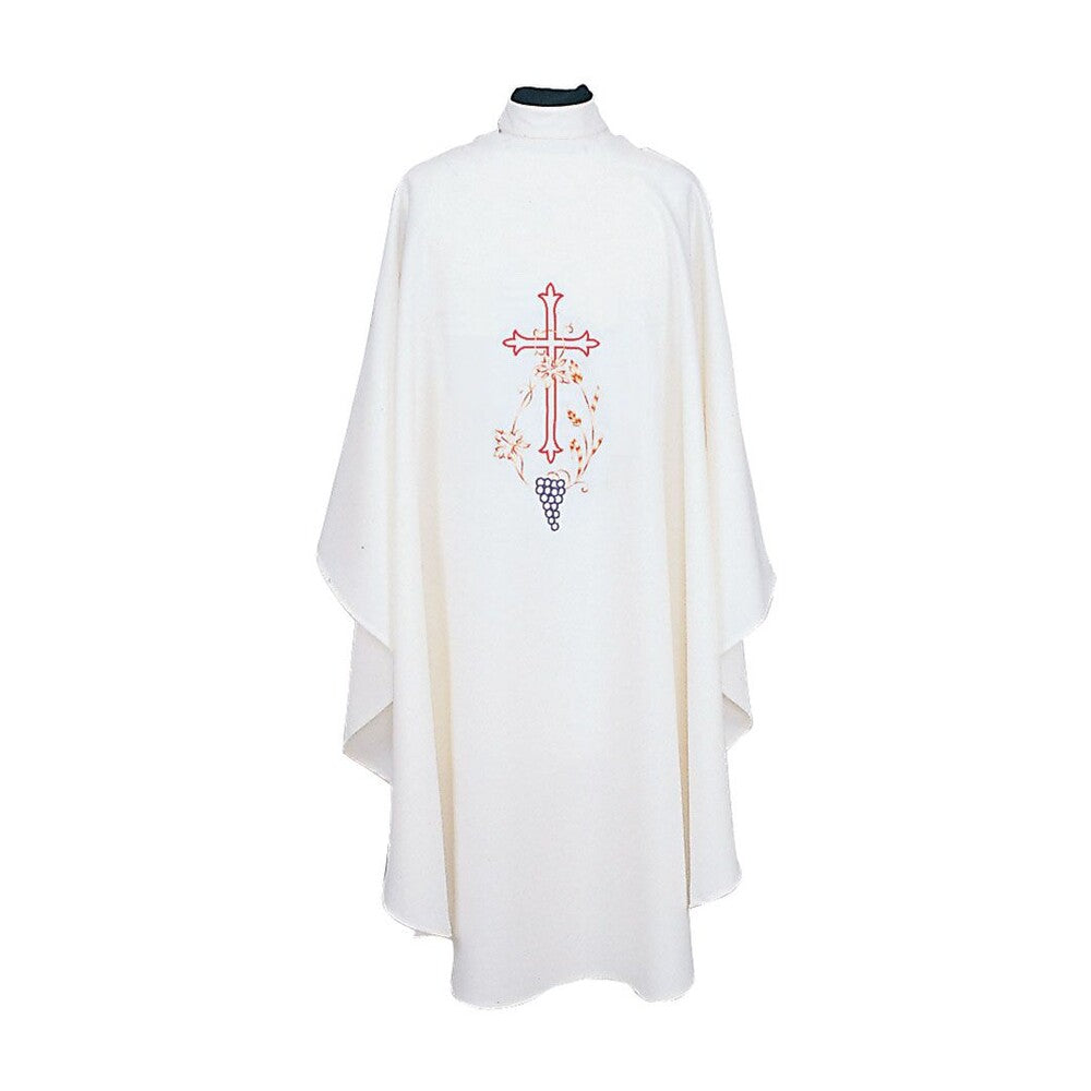 Pure White Chasuble 840 Cross with Wheat & Grapes Design