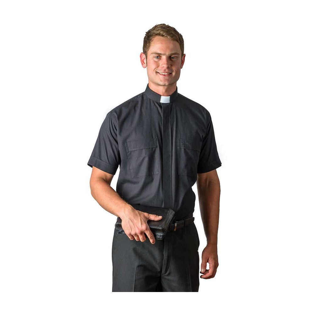 Black Poly/Cotton Rich Short Sleeve Tab Collar Shirt