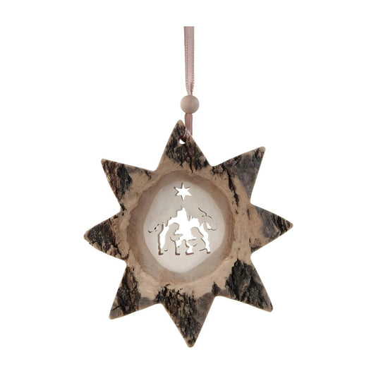 Rustic Natural Wood Christmas Star - Handmade Decoration with Nativity Scene