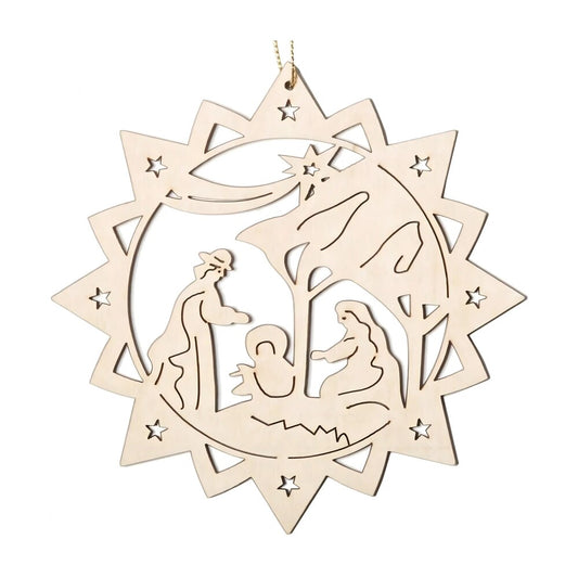 Christmas Star with Carved Holy Family Wood Decoration