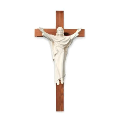 Risen Christ the King Statue on Cross – Handcrafted Wood Sculpture Val Gardena