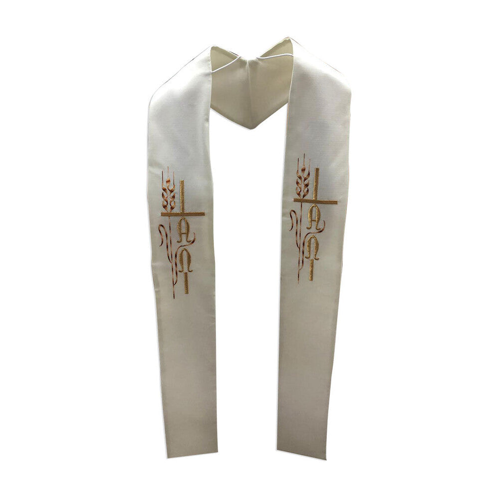 Cross with Wheat & Alpha/Omega Overlay Stole Off White