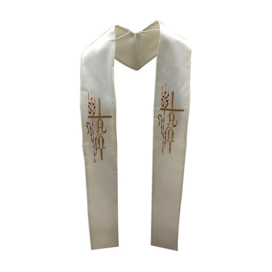Cross with Wheat & Alpha/Omega Overlay Stole Off White