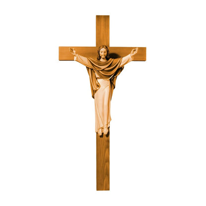 Risen Christ the King Statue on Cross – Handcrafted Wood Sculpture Val Gardena
