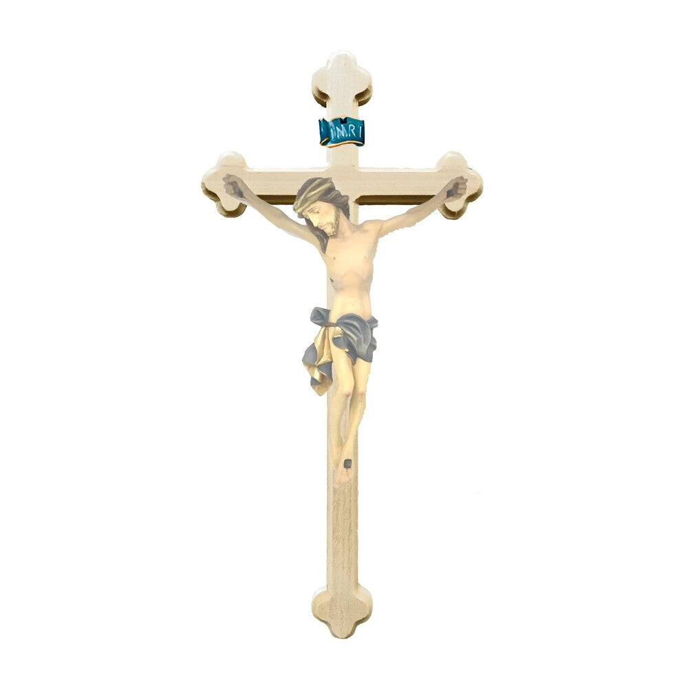 Crucifix with Christ and Baroque Stylized Cross, Carved in Val Gardena Wood
