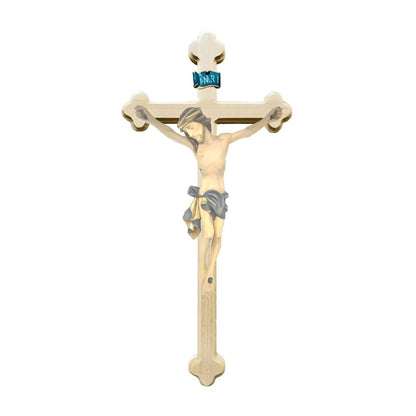 Crucifix with Christ and Baroque Stylized Cross, Carved in Val Gardena Wood